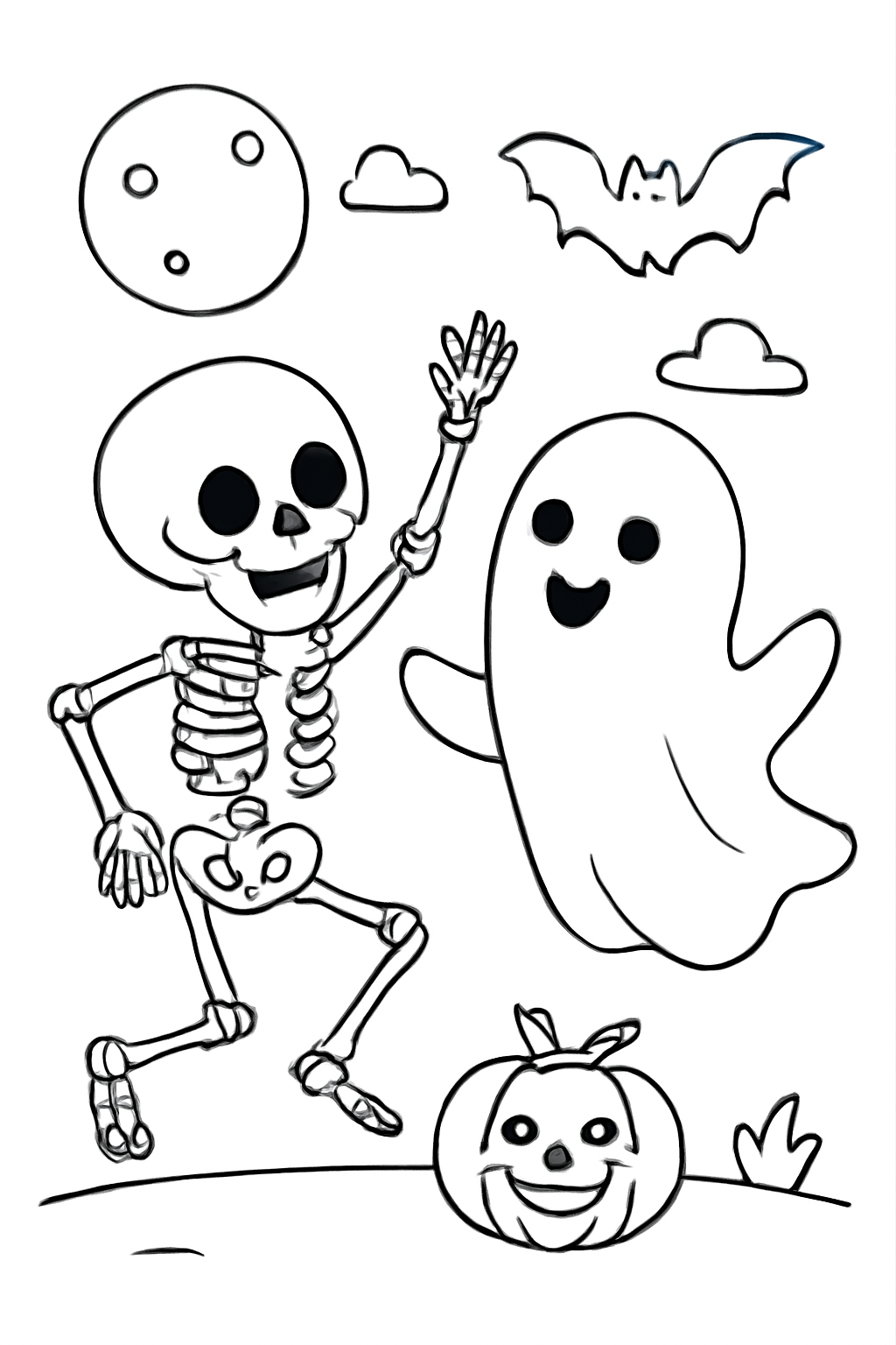 Free printable skeleton dancing with a friendly ghost on Halloween coloring page for kids