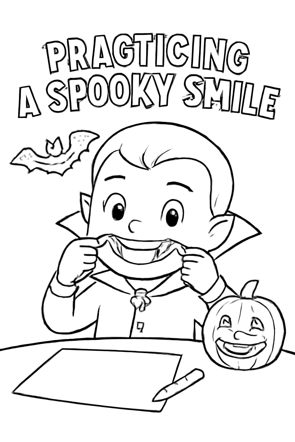 Free printable vampire kid practicing a spooky smile for Halloween coloring page for kids