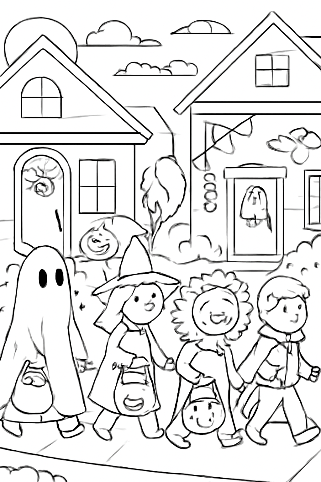 Free printable children in original Halloween costumes visiting decorated houses coloring page