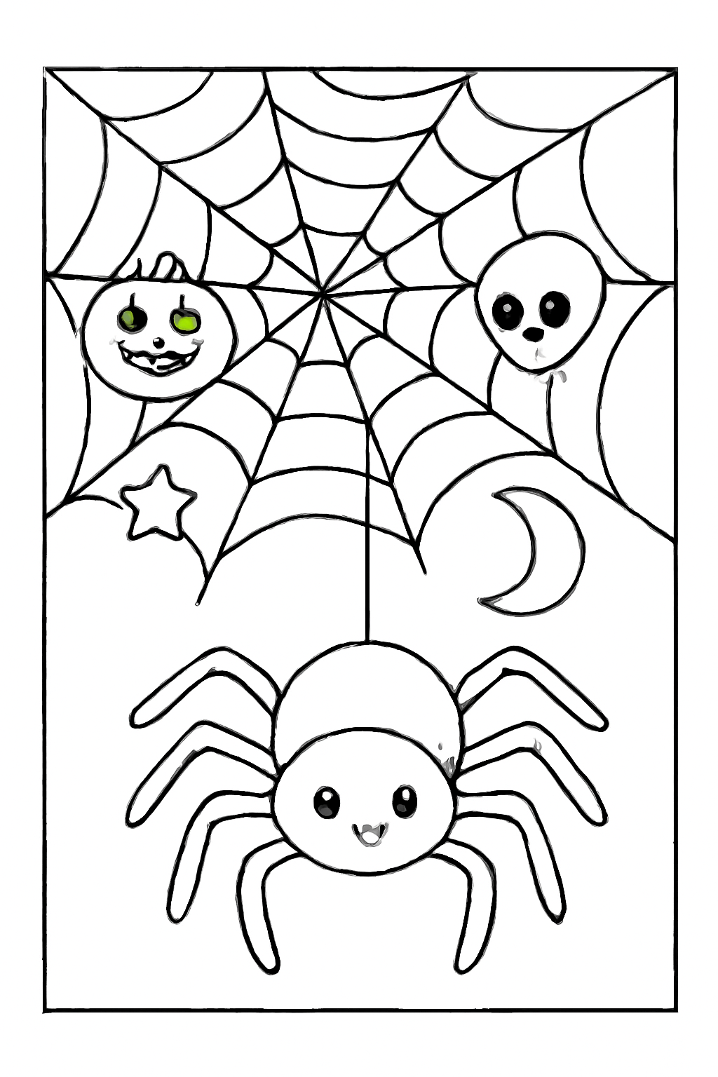 Free printable Halloween spider hanging from a decorated web coloring page for kids