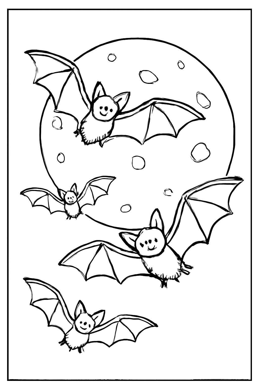 Free printable bats flying across a full Halloween moon coloring page for kids