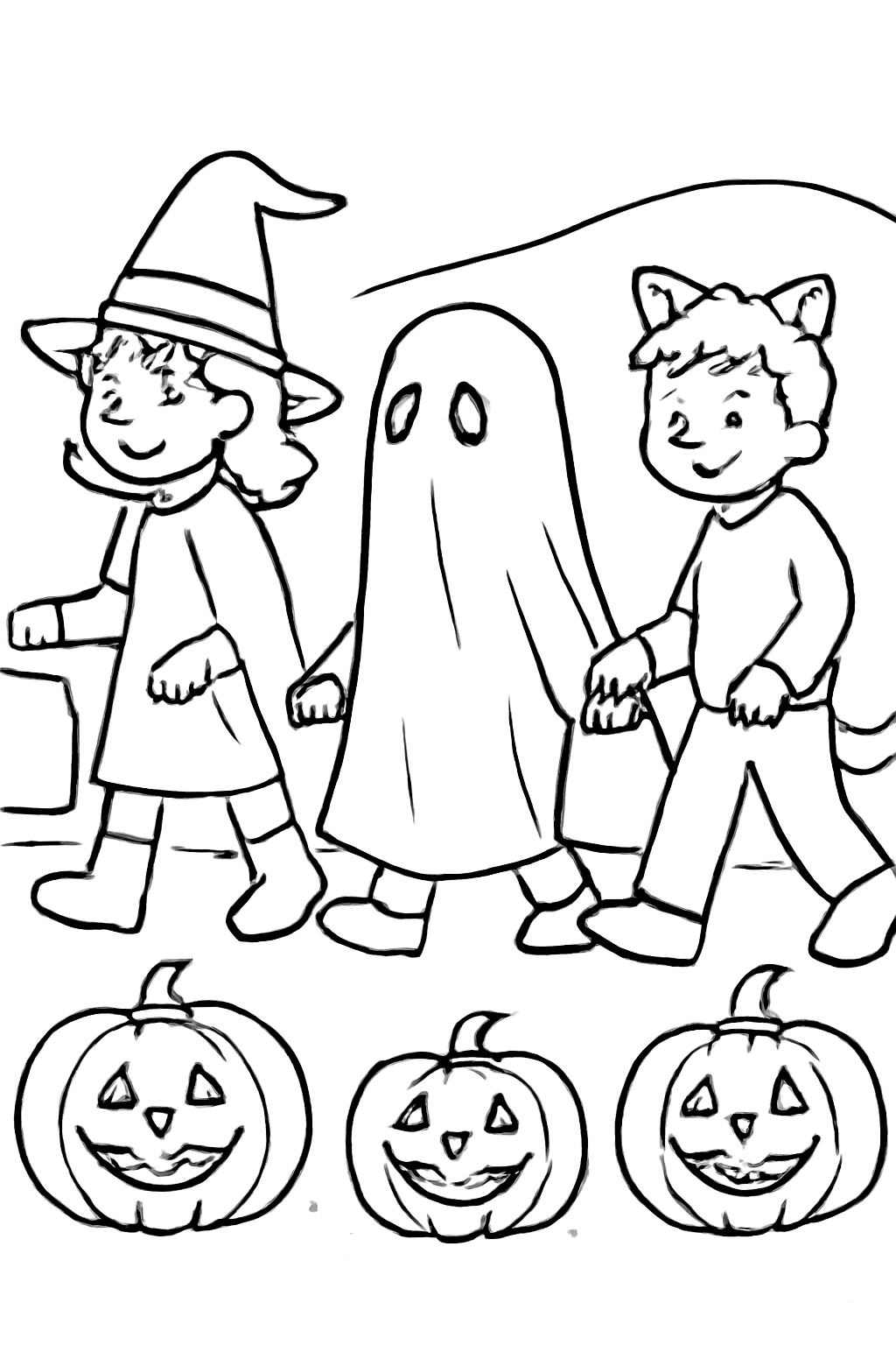 Free printable trick-or-treaters walking past Halloween pumpkins coloring page for kids