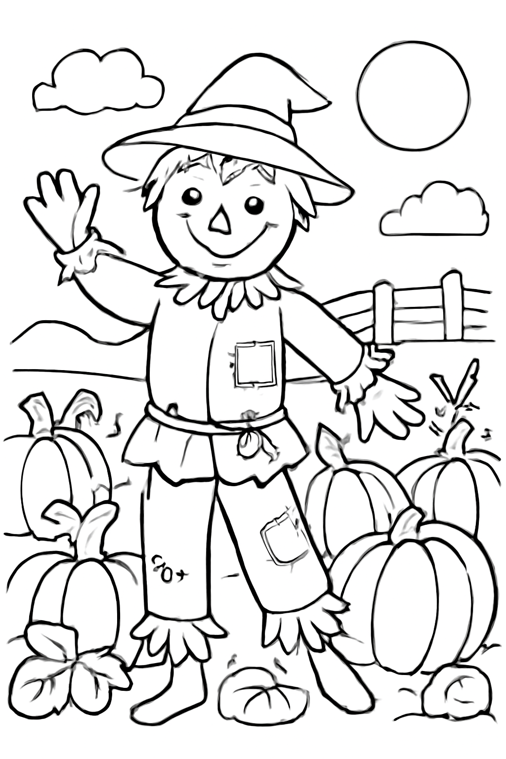 Free printable Halloween scarecrow waving in a pumpkin patch coloring page for kids