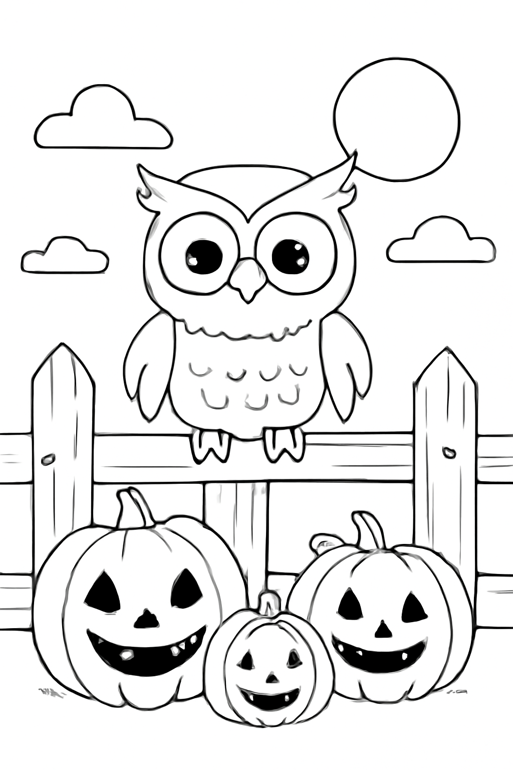 Free printable owl perched on a Halloween fence with pumpkins coloring page for kids