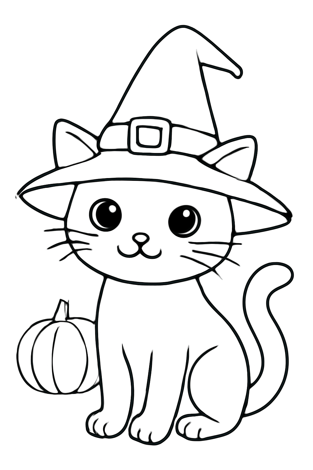 Free printable black cat in a witch hat for Halloween coloring page for kids