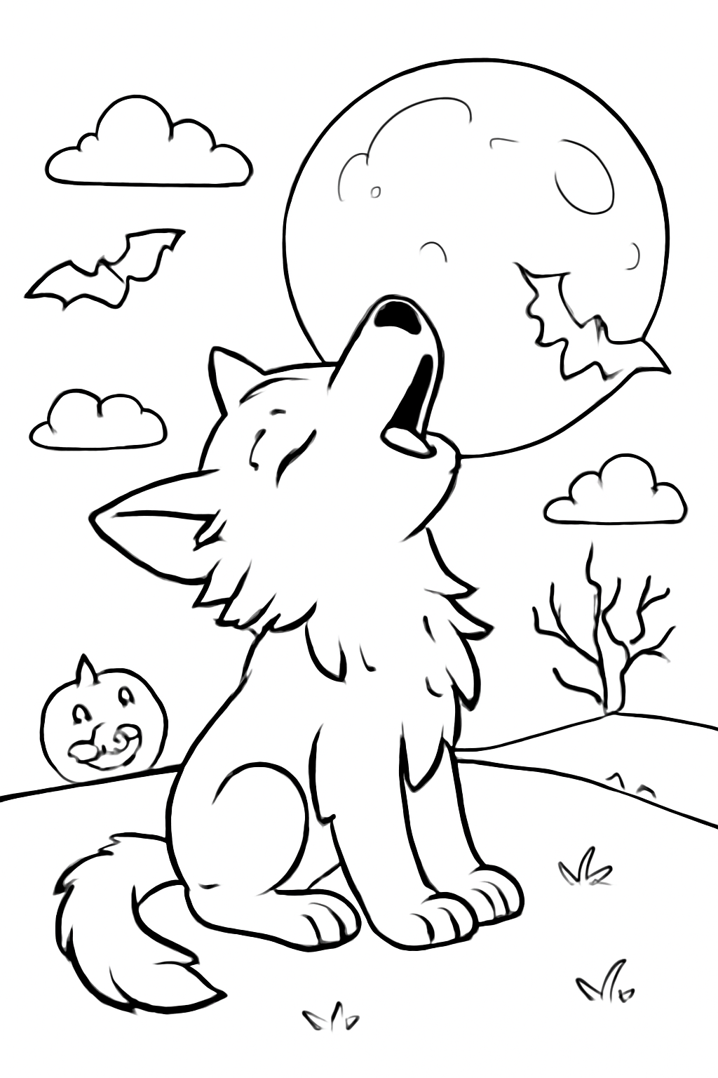 Free printable werewolf puppy howling at the Halloween moon coloring page for kids