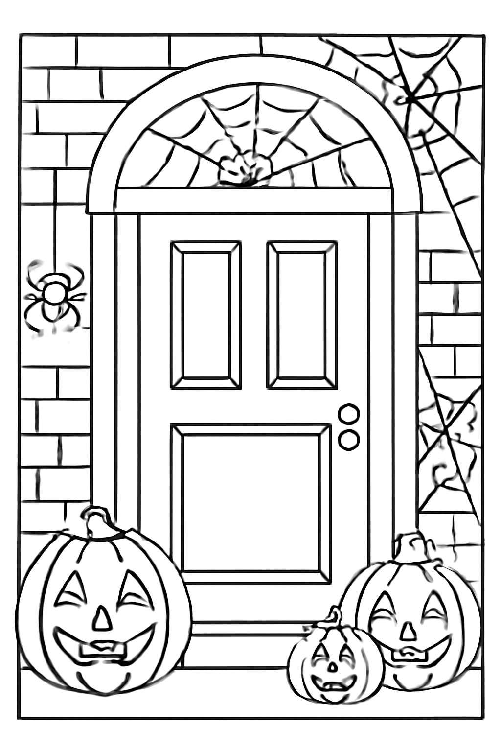 Free printable Halloween door decorated with webs and pumpkins coloring page for kids