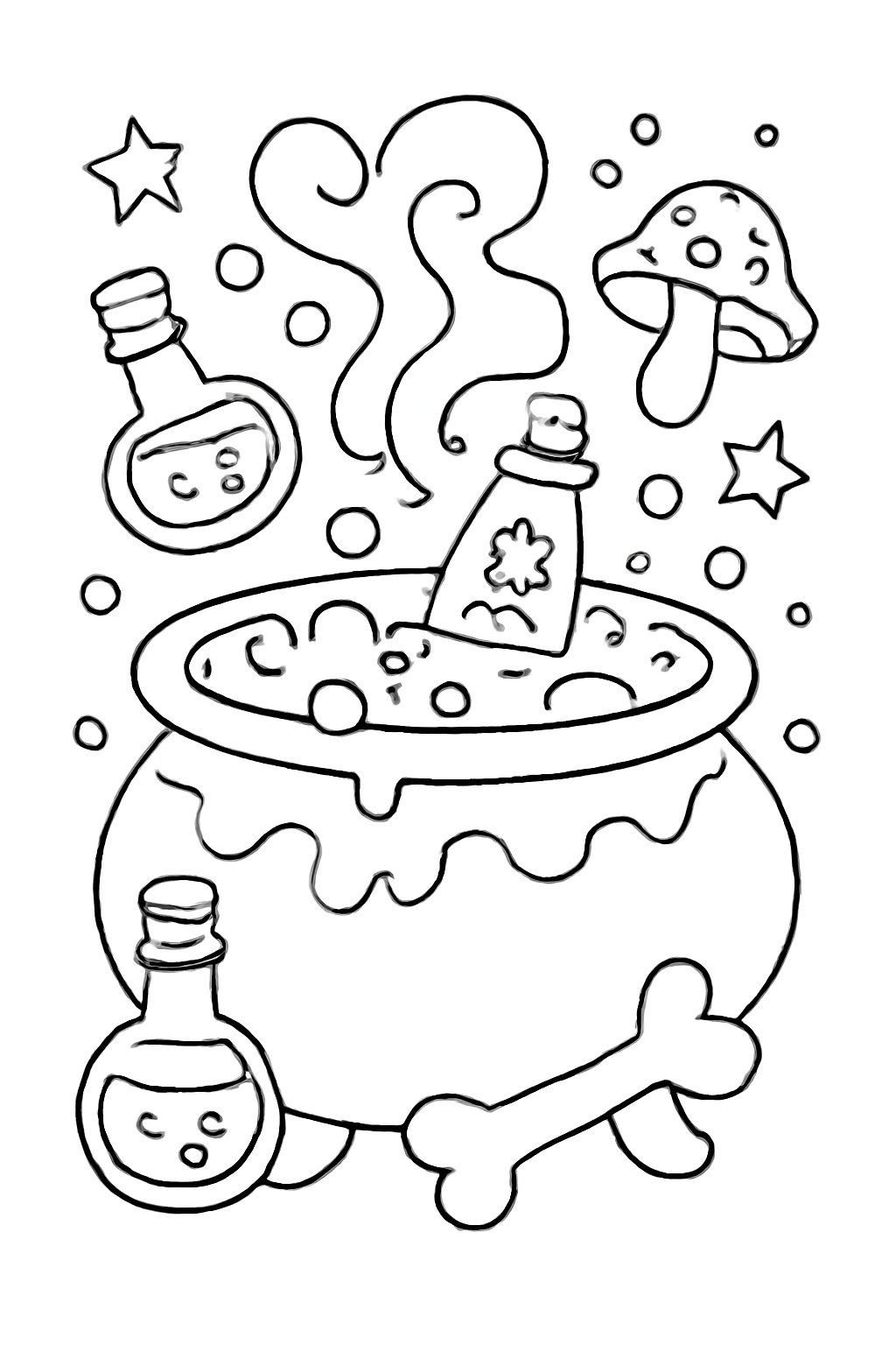 Free printable Halloween cauldron bubbling with silly potions coloring page for kids