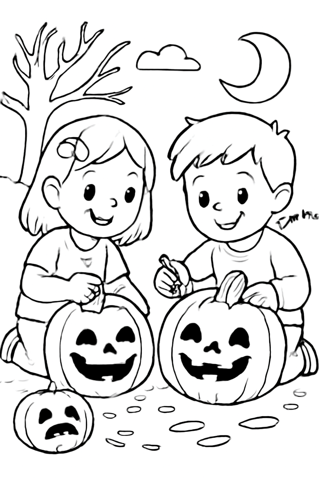 Free printable children carving silly faces into Halloween pumpkins coloring page for kids