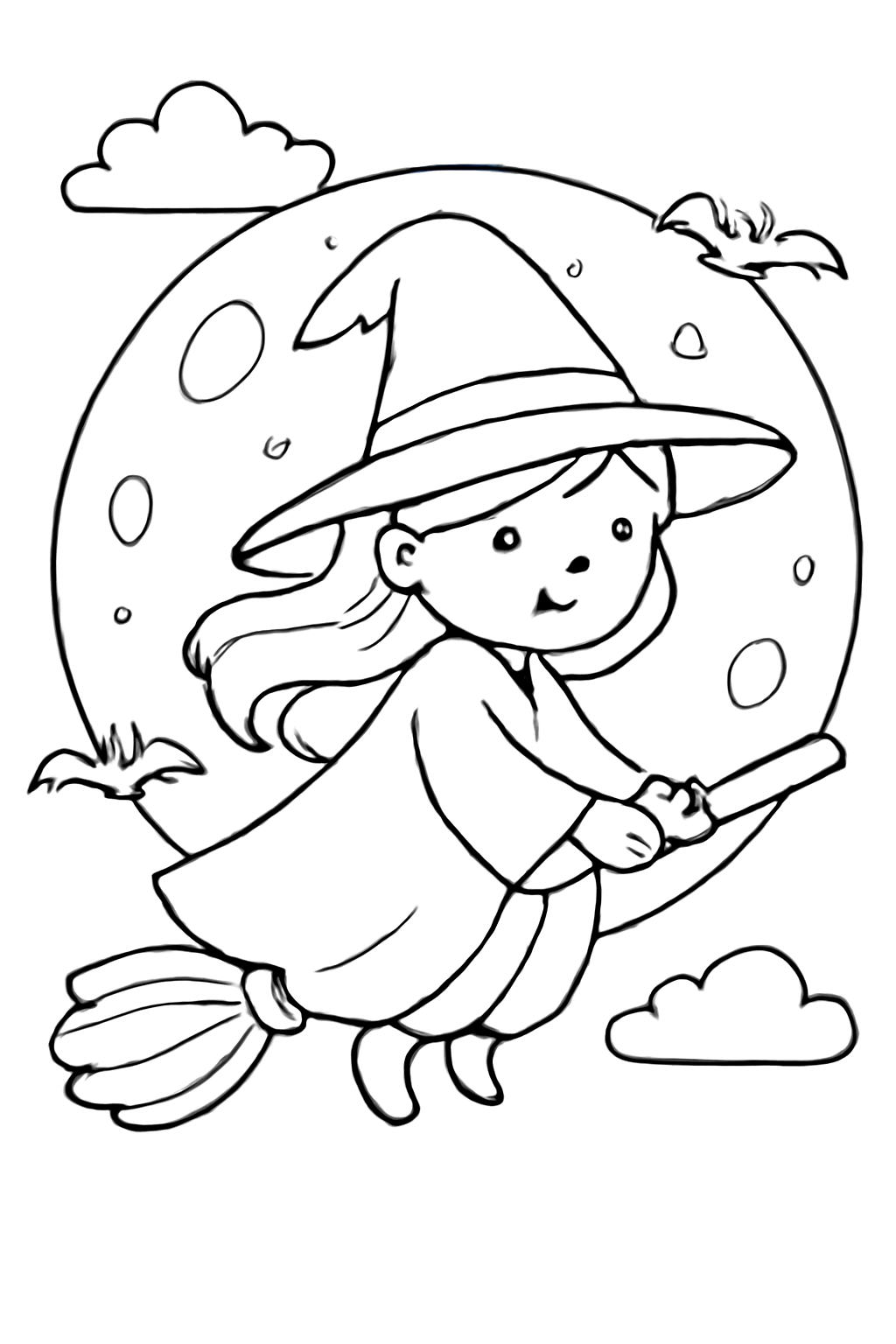 Free printable friendly witch flying over a Halloween moon coloring page for kids