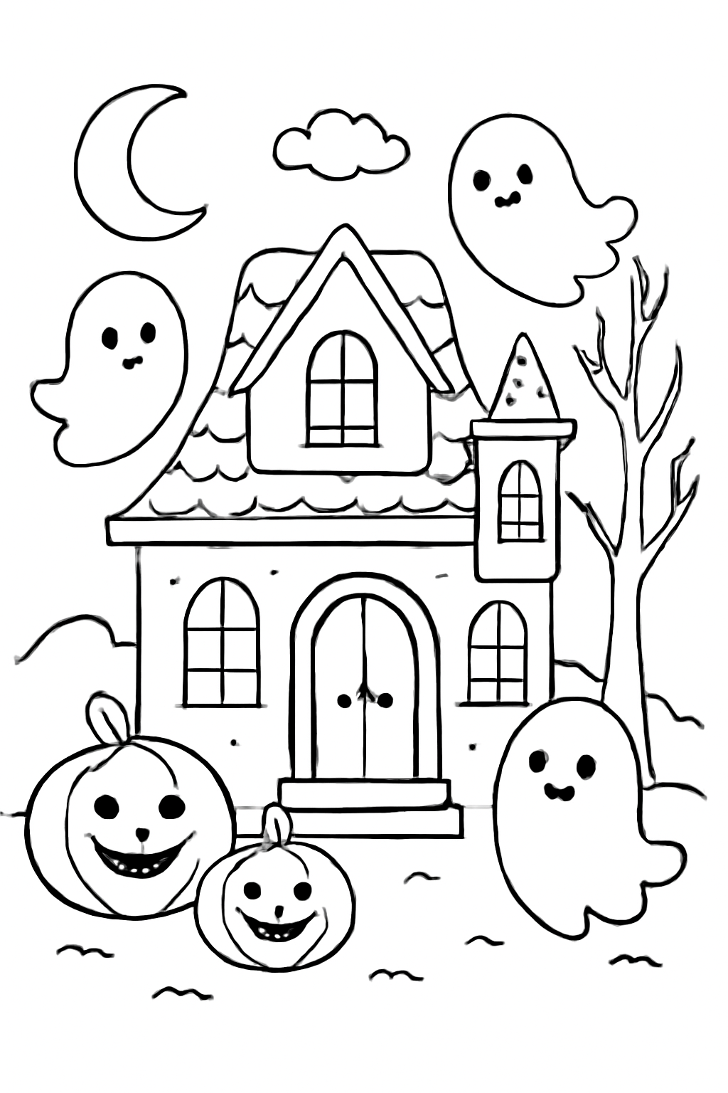 Free printable cute haunted house with smiling ghosts and pumpkins coloring page