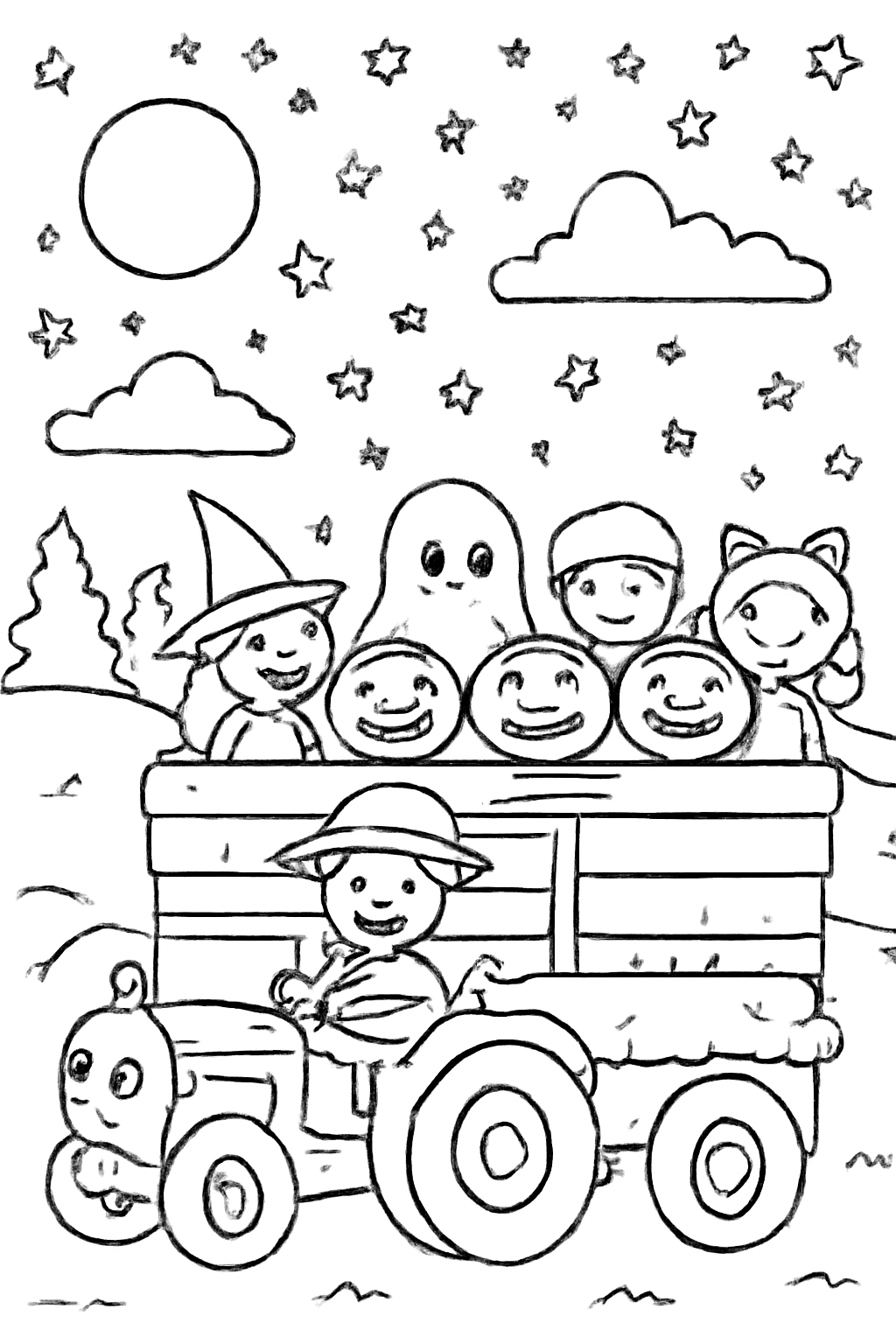 Free printable Halloween hayride under the stars coloring page for kids