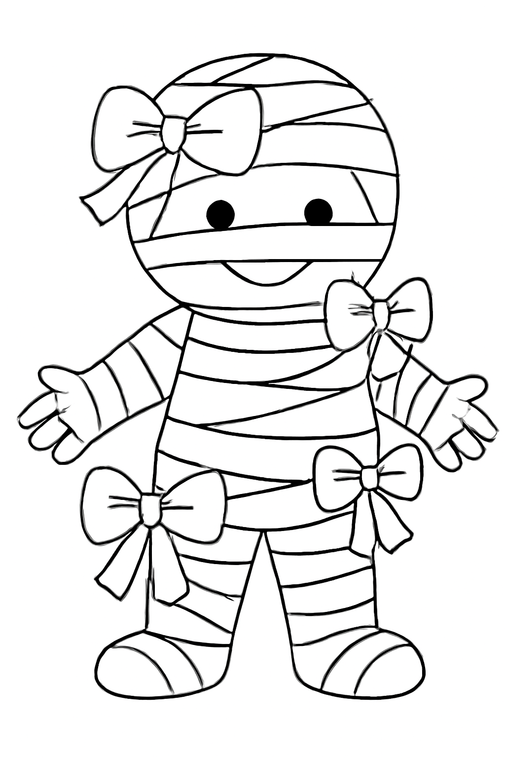 Free printable mummy wrapped in bows for Halloween coloring page for kids