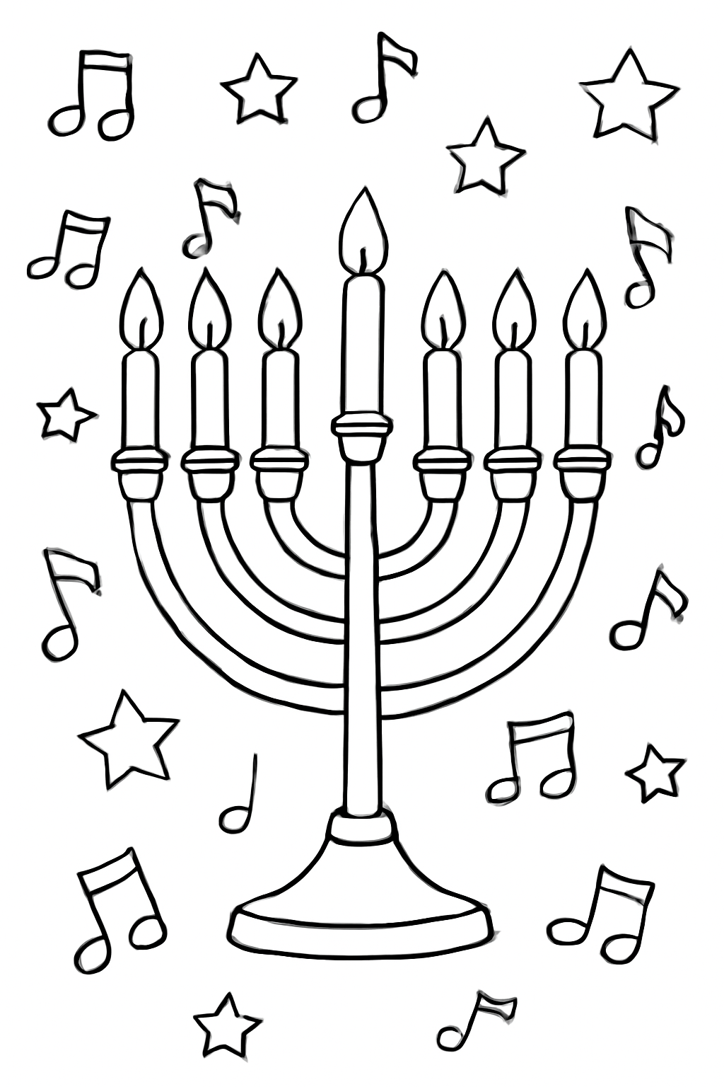 Free printable Hanukkah menorah surrounded by musical notes and stars coloring page for kids