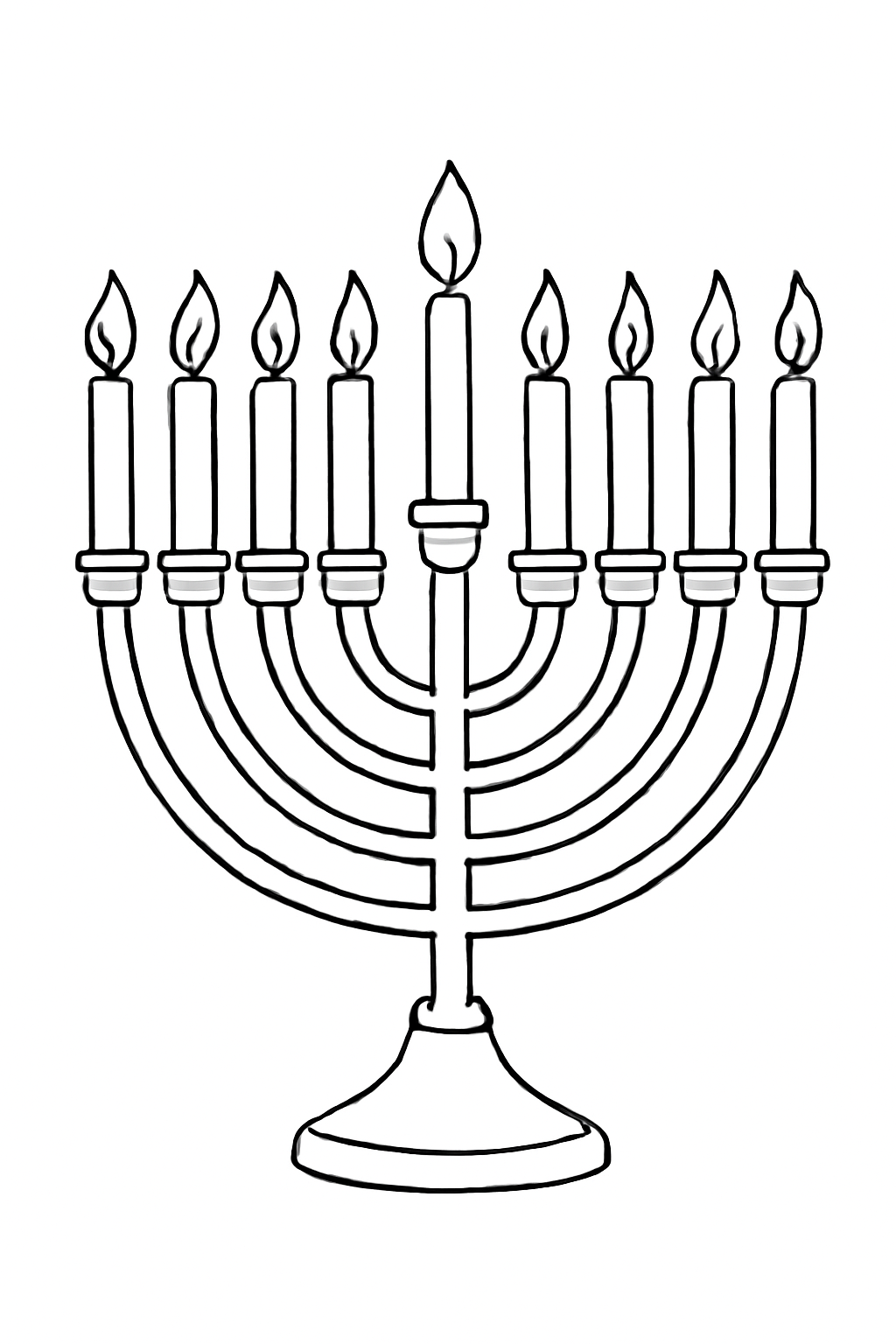 Free printable eight candles plus one raised shamash glowing on a Hanukkah menorah coloring page for kids