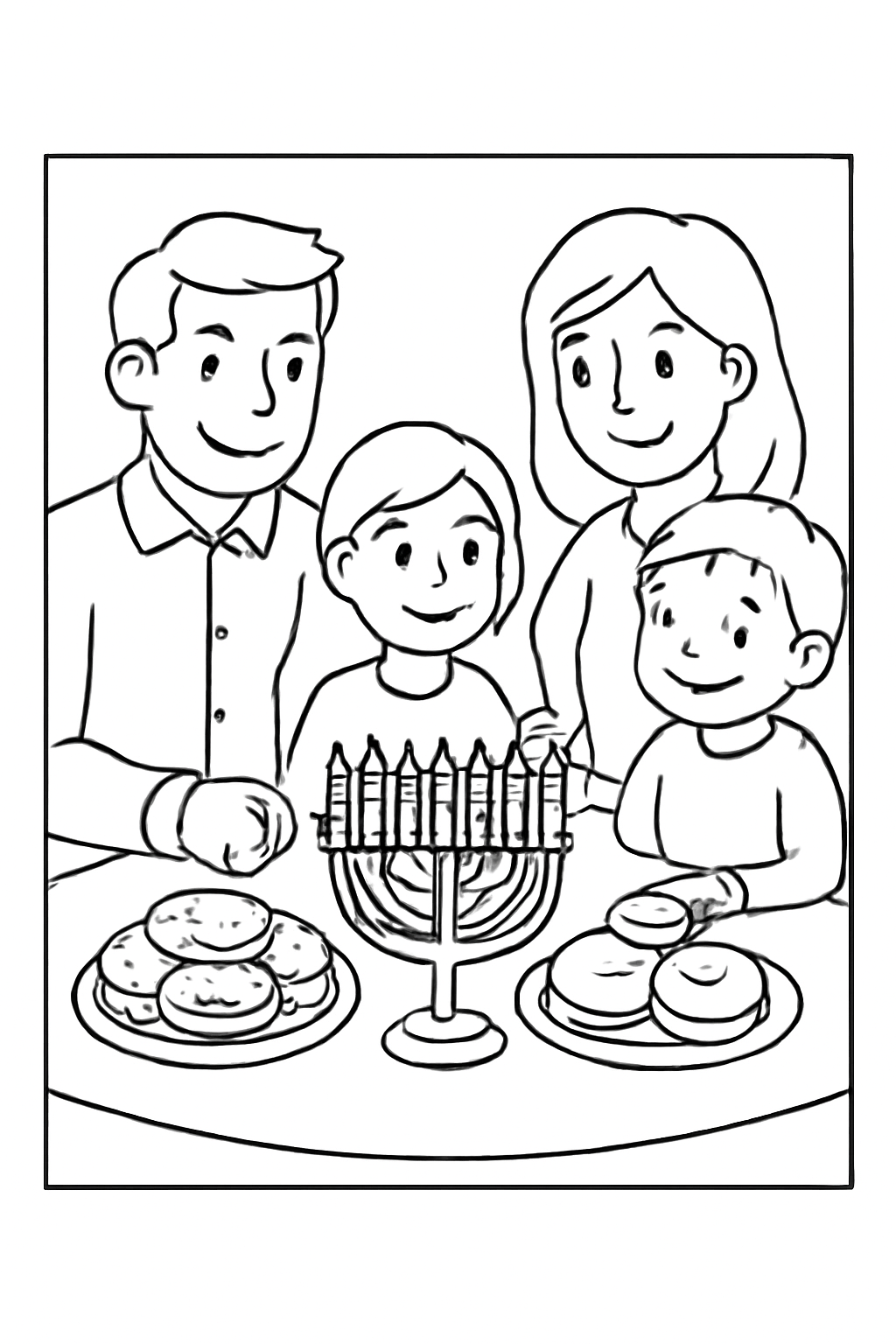 Free printable family table prepared with latkes sufganiyot and a Hanukkah menorah coloring page