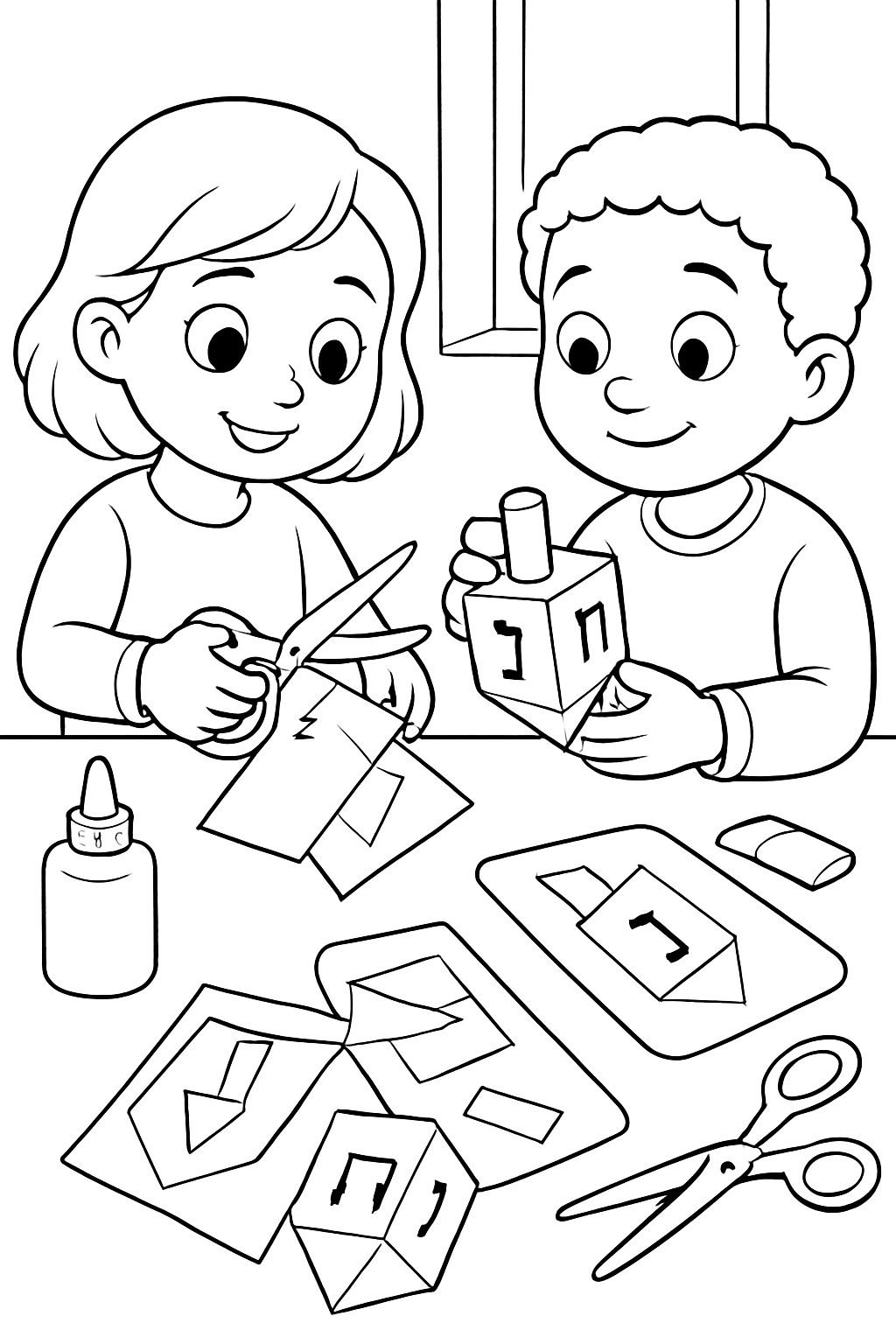 Free printable children making paper dreidels for Hanukkah crafts coloring page for kids