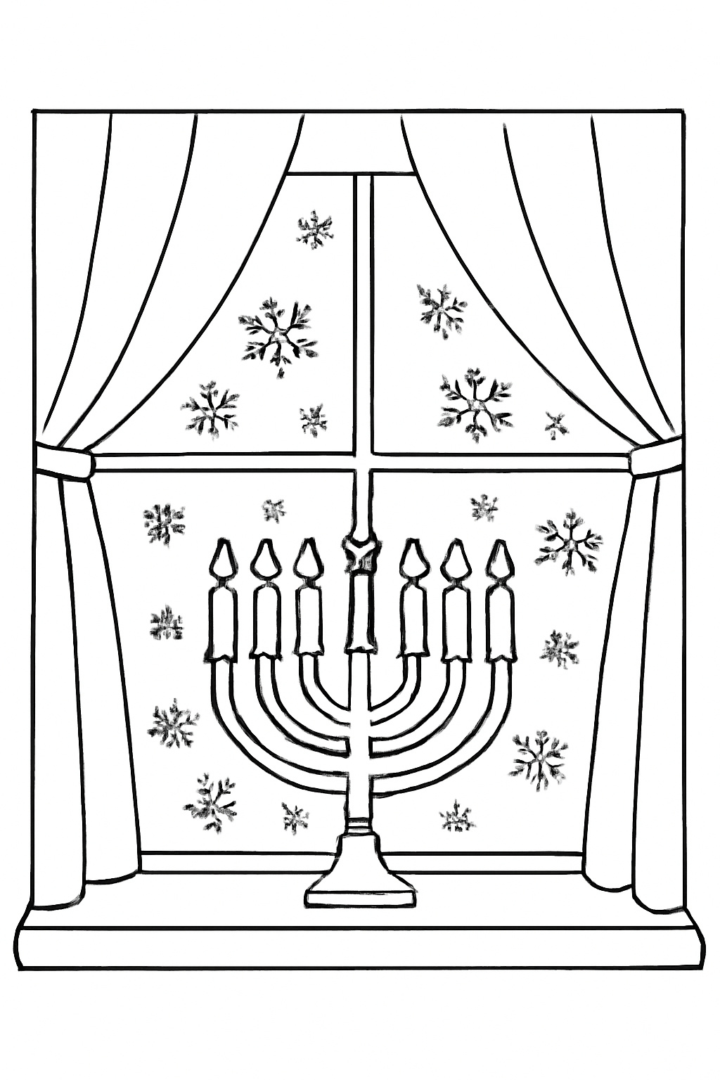 Free printable Hanukkah window with menorah glowing and snowflakes outside coloring page for kids