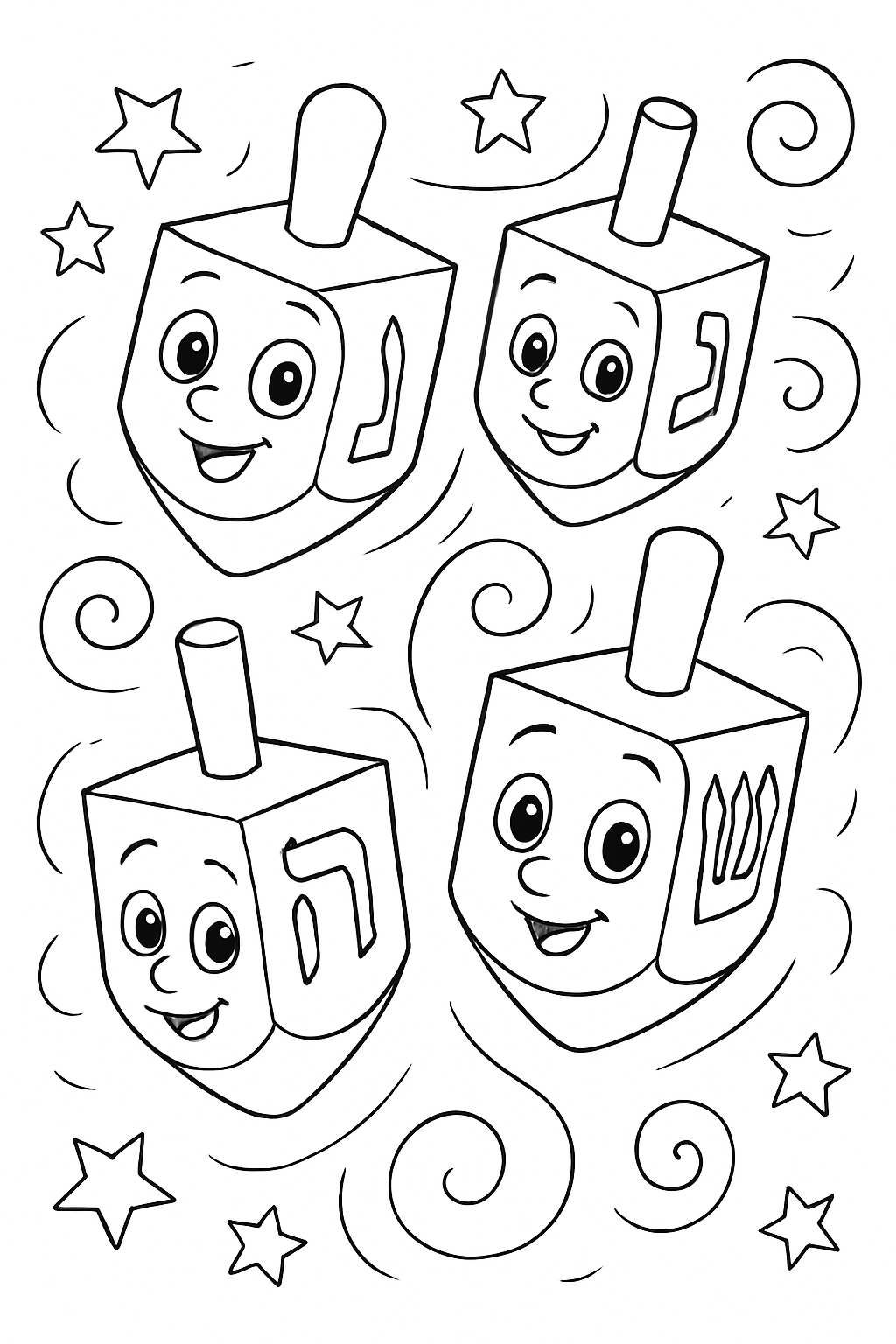 Free printable spinning dreidels with stars and swirls for Hanukkah coloring page for kids