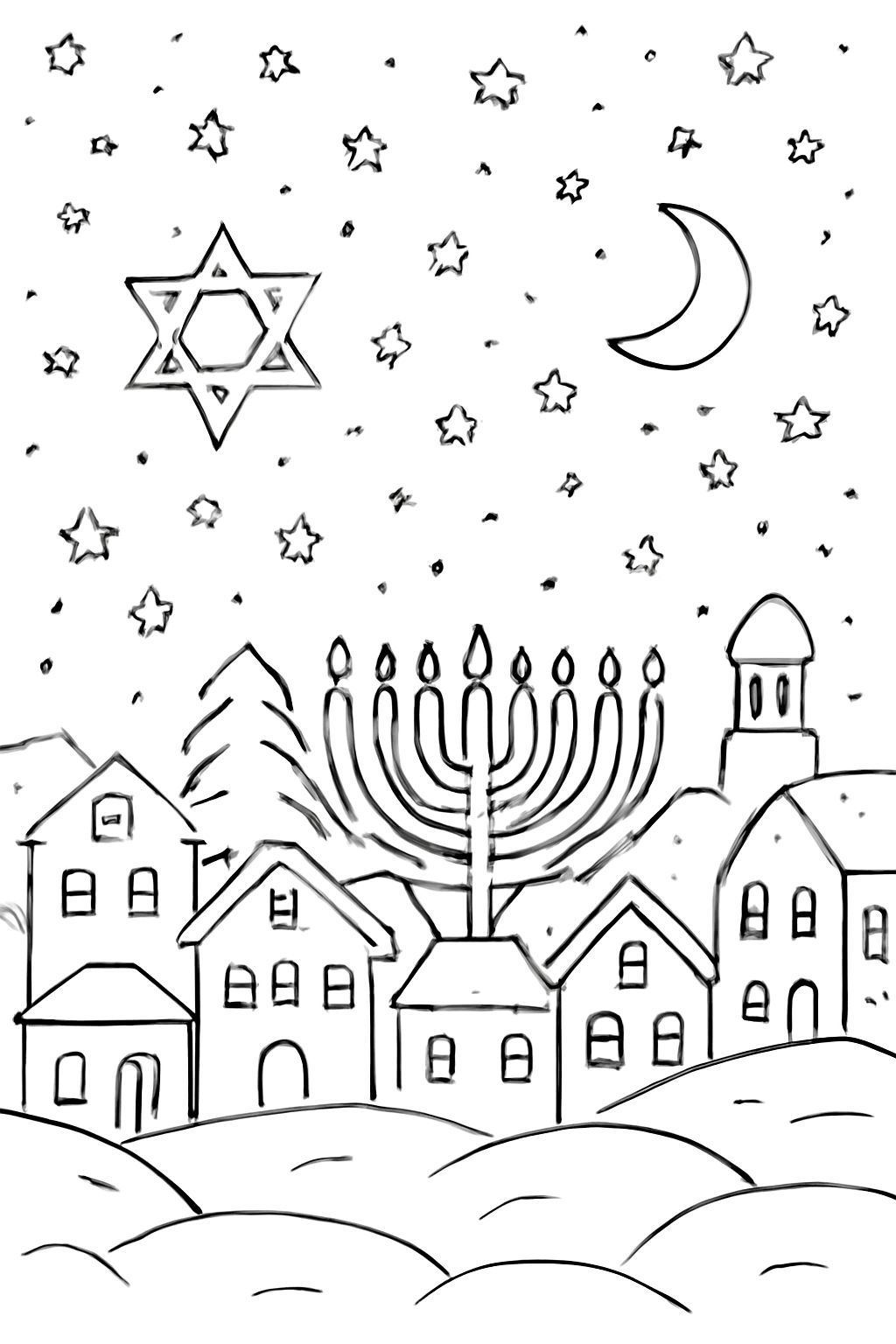 Free printable Hanukkah night sky with stars over a snowy town coloring page for kids