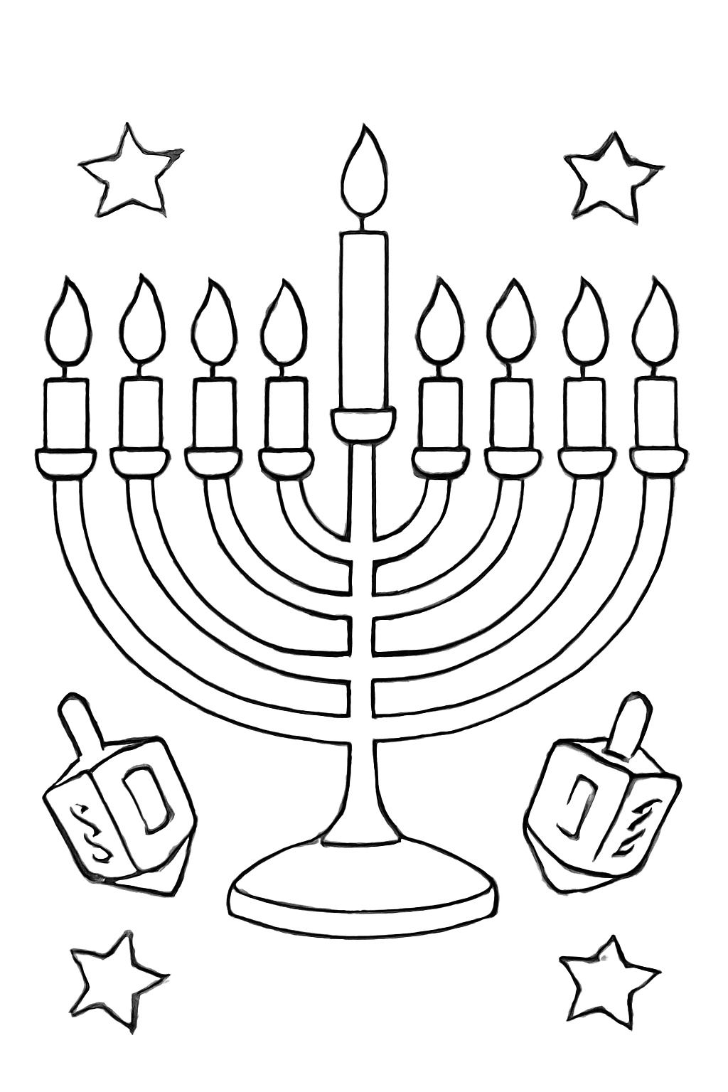 Free printable Hanukkah chanukiah with exactly nine separate candle holders in one row including one raised center shamash, plus dreidels and stars coloring page