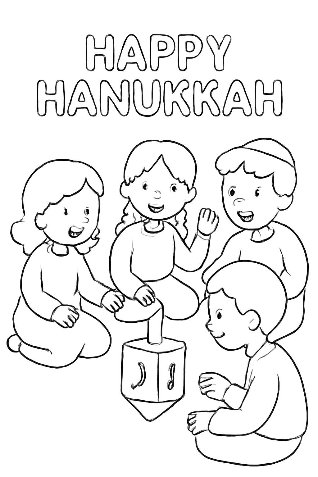 Free printable children playing dreidel during Hanukkah coloring page