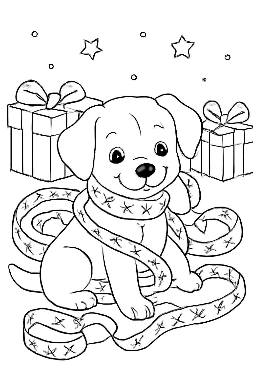 Free printable puppy tangled in Hanukkah ribbon beside gifts coloring page for kids