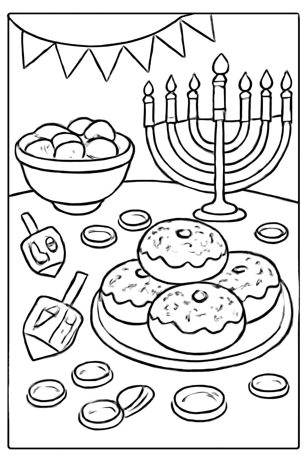 Free printable Hanukkah party table with dreidels gelt and donuts coloring page for kids