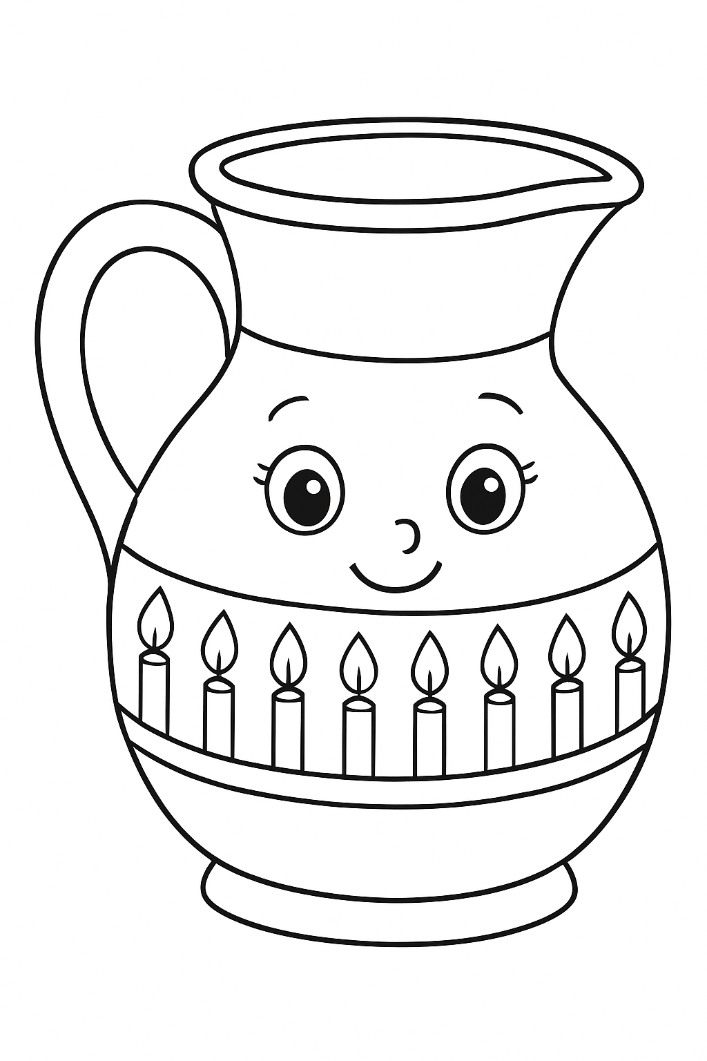 Free printable little oil jug with eight small flames pattern for Hanukkah coloring page for kids