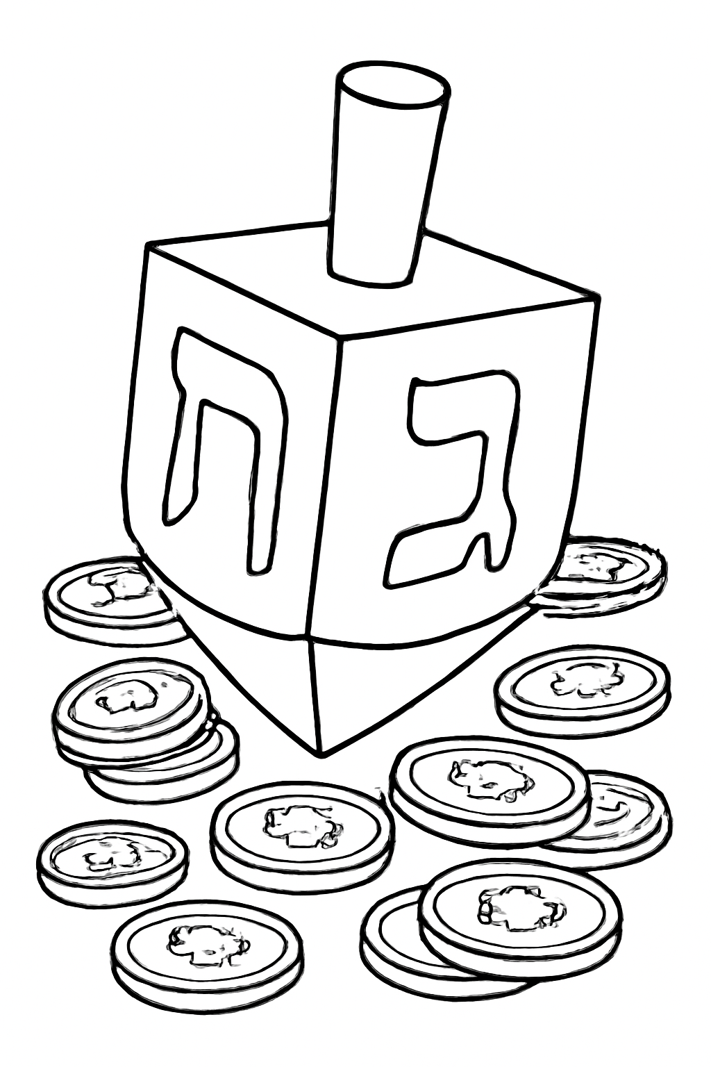 Free printable giant dreidel surrounded by chocolate gelt coins coloring page for kids