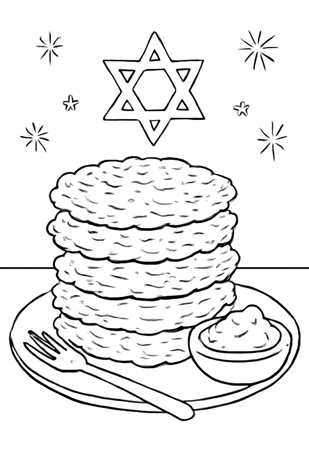 Free printable stack of golden latkes with applesauce for Hanukkah coloring page for kids