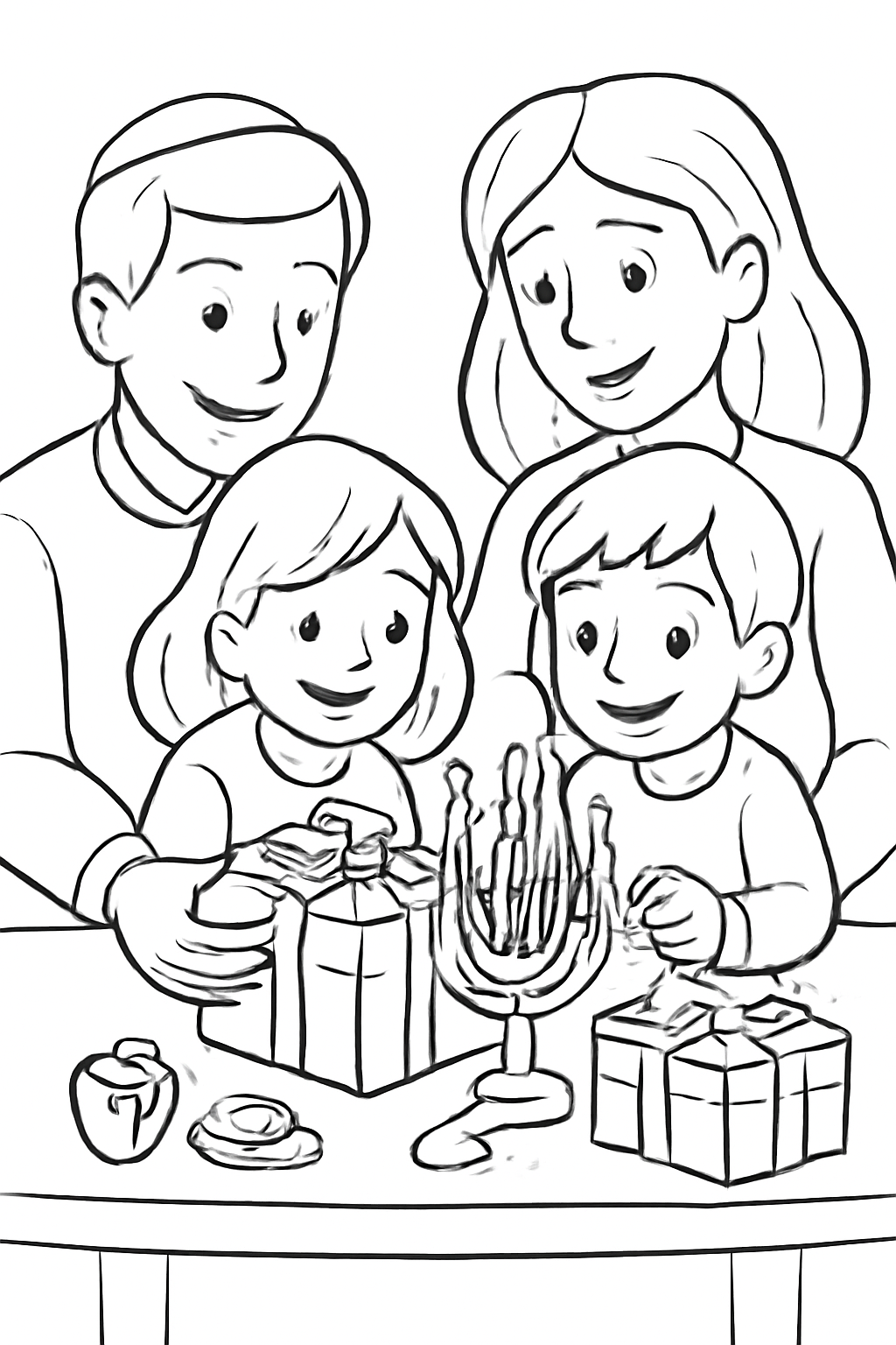 Free printable family opening Hanukkah presents by candlelight coloring page for kids