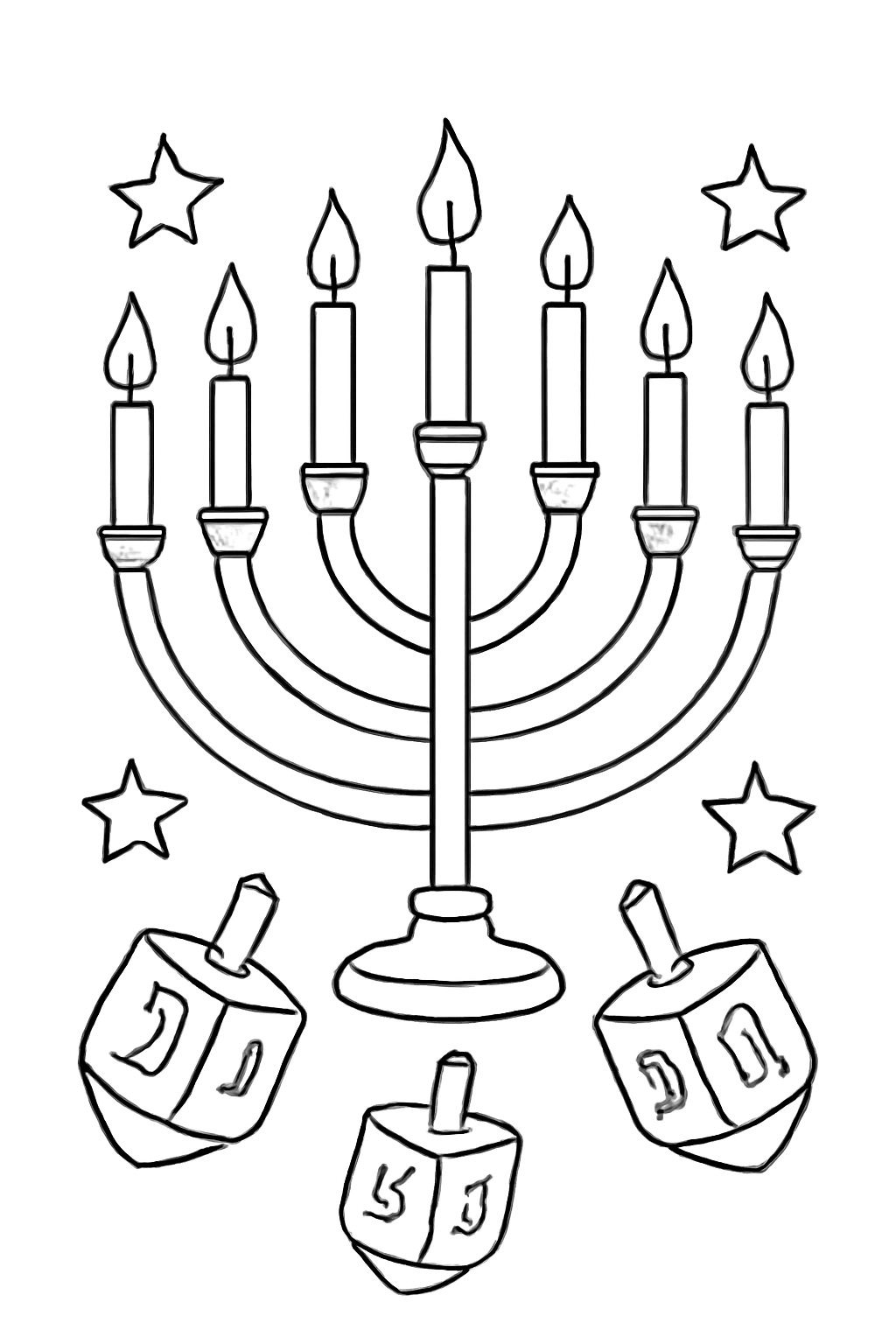 Free printable Hanukkah menorah with nine candles dreidels and stars coloring page for kids