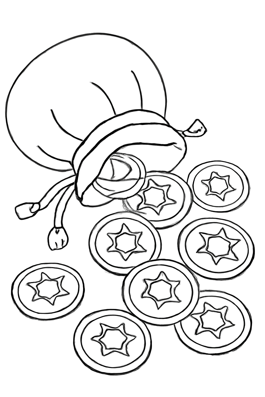 Free printable Hanukkah gelt coins spilling from a velvet pouch coloring page for kids