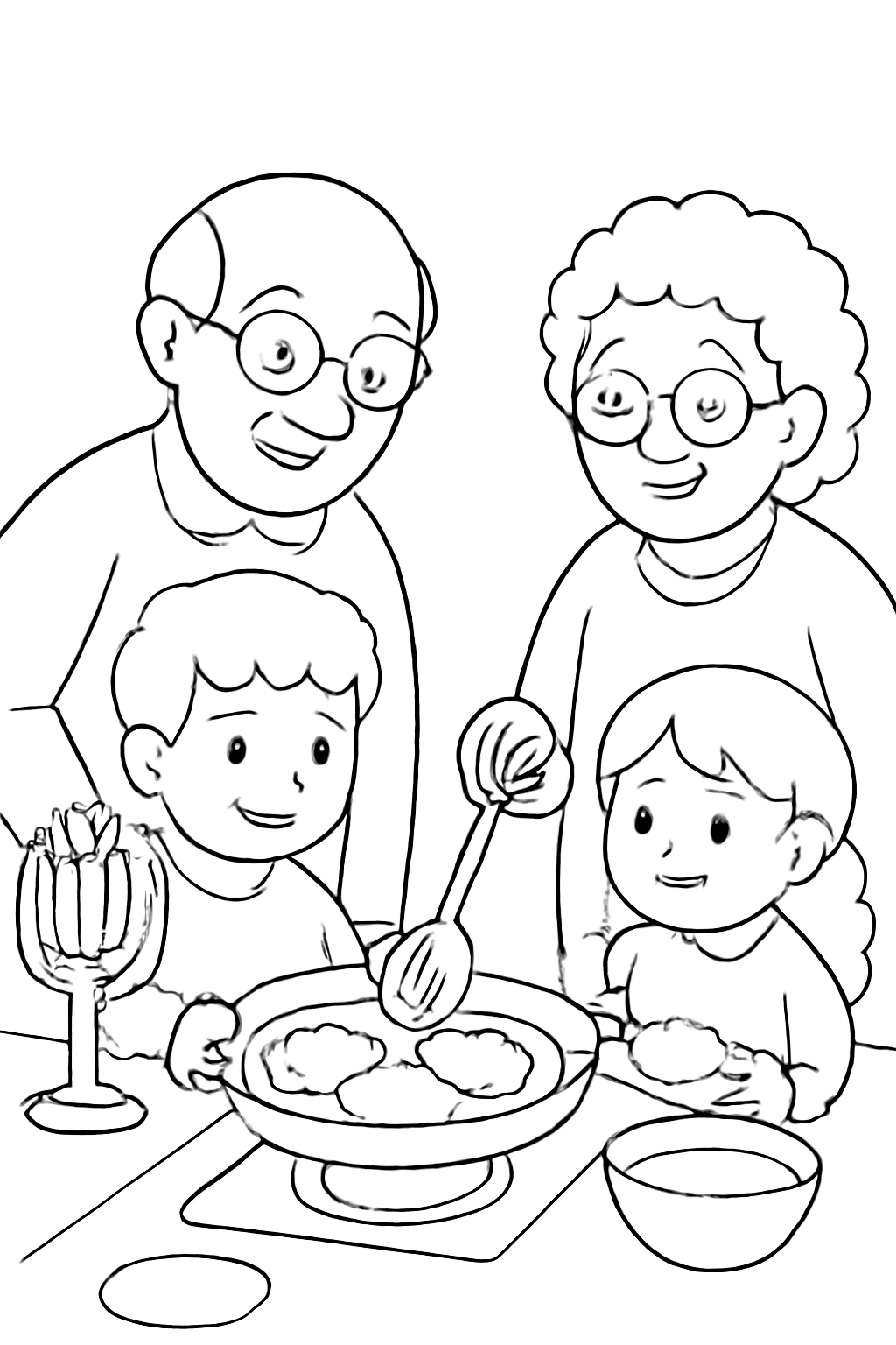 Free printable grandparents frying latkes with children for Hanukkah coloring page for kids