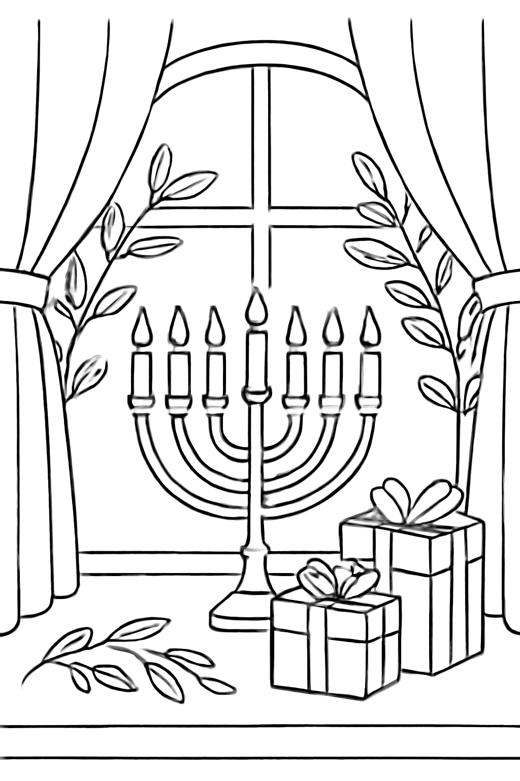 Free printable Hanukkah window scene with menorah olive branches and wrapped gifts coloring page