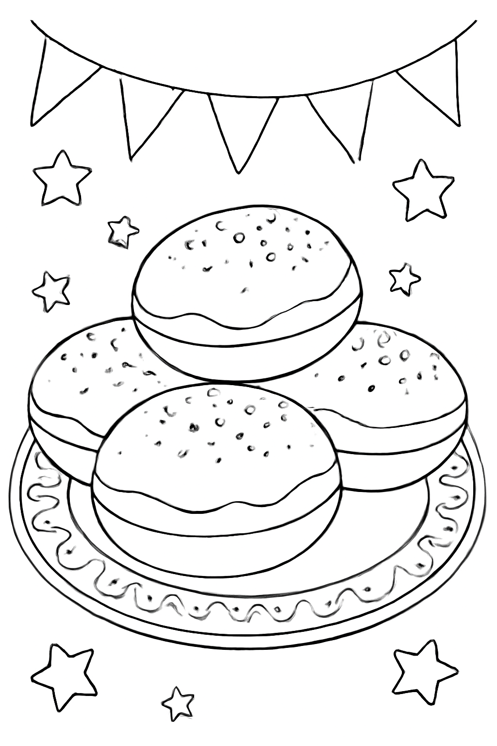 Free printable Hanukkah sufganiyot jelly donuts on a festive plate coloring page for kids