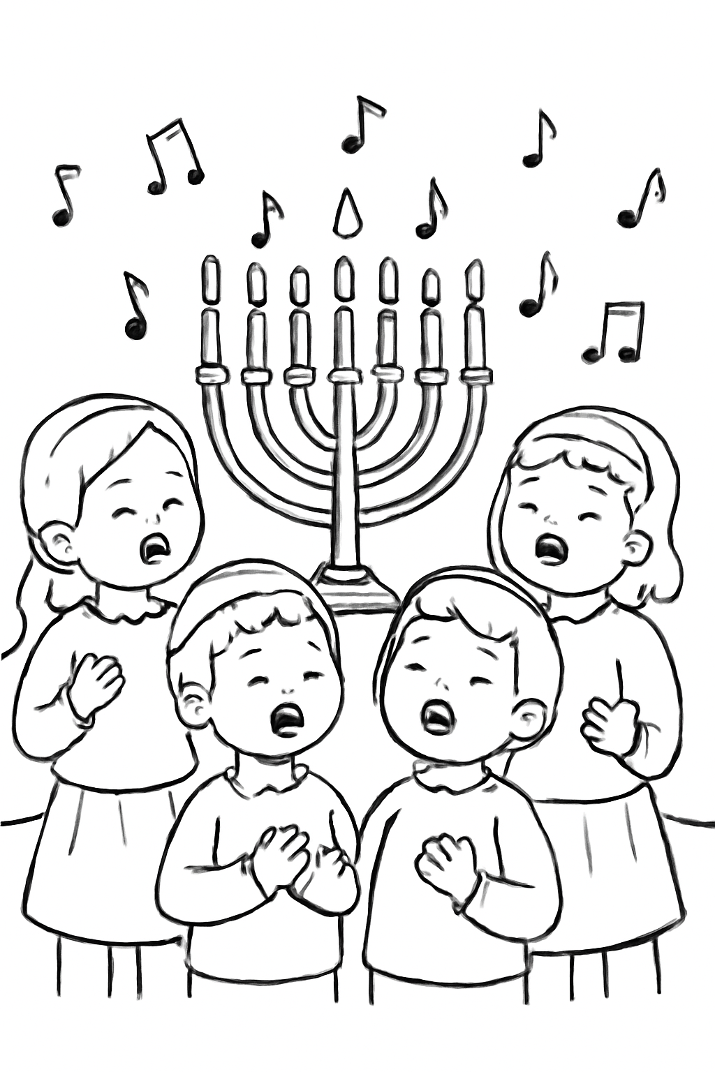 Free printable children singing Hanukkah songs around the menorah coloring page for kids