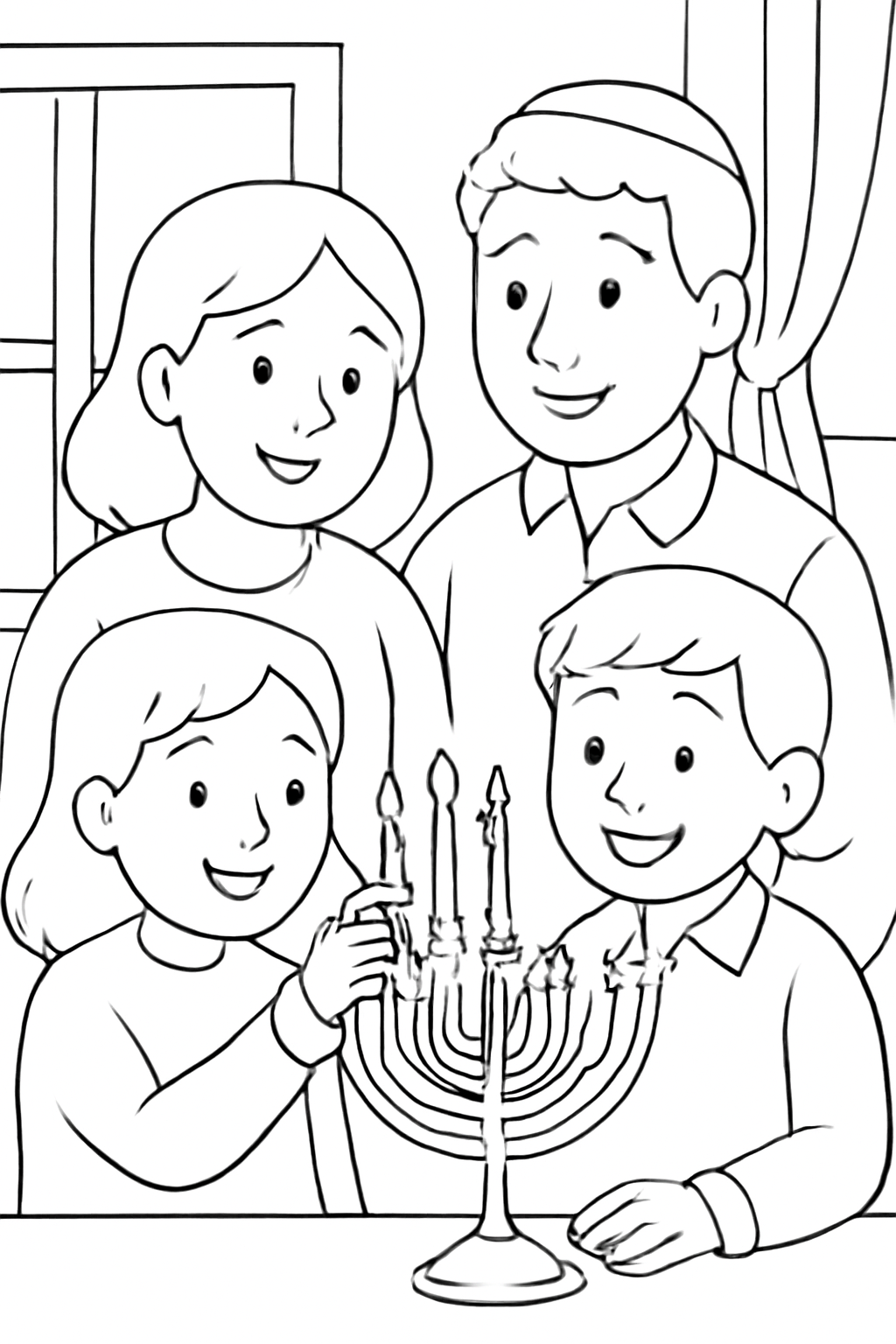 Free printable children lighting the Hanukkah menorah with family coloring page for kids