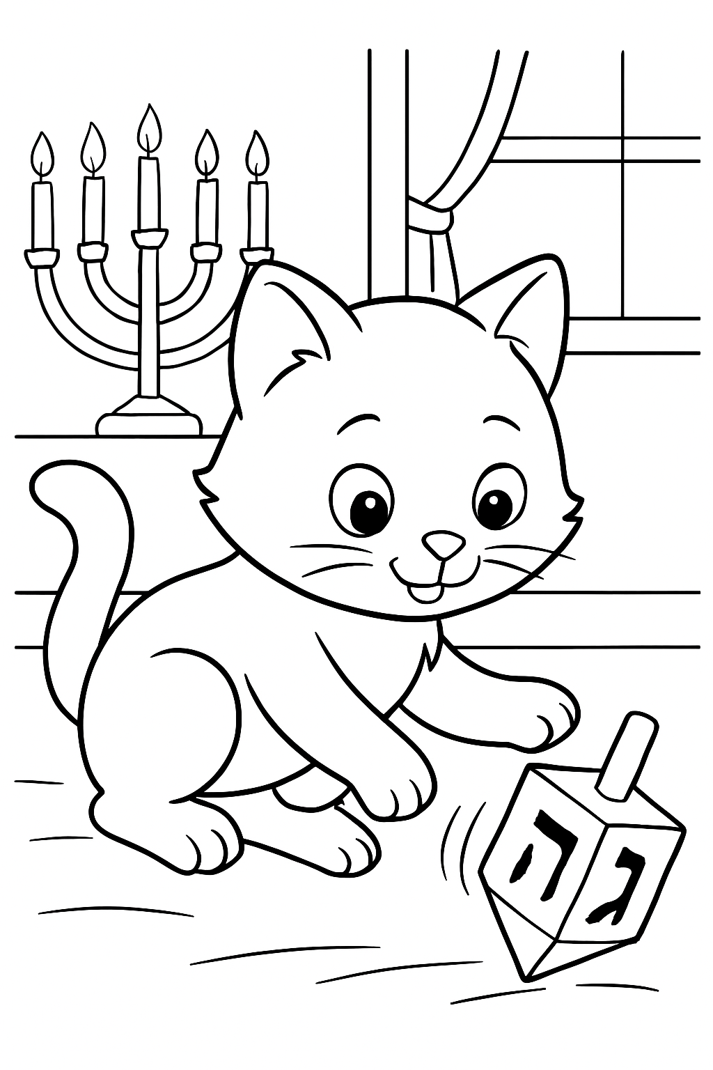 Free printable cat batting a dreidel across the floor on Hanukkah coloring page for kids