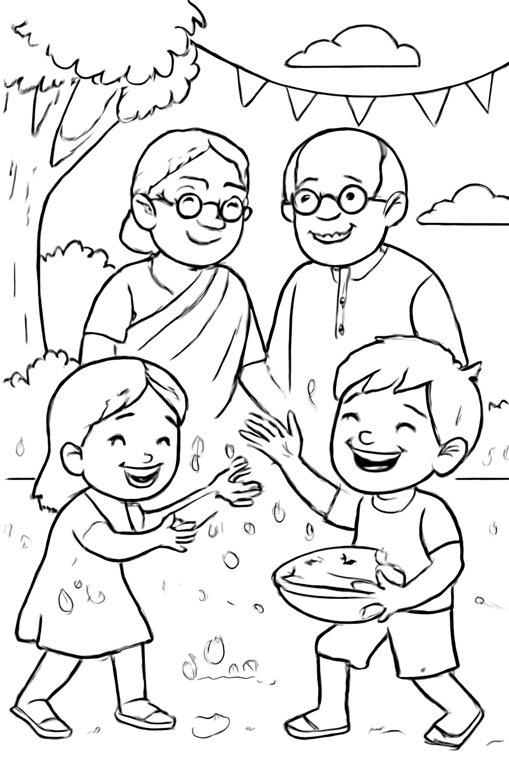 Free printable grandparents watching children play on Holi coloring page for kids