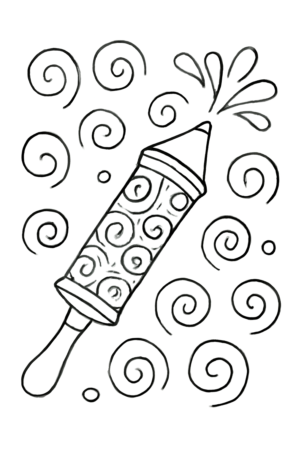 Free printable Holi pichkari water sprayer with swirl patterns coloring page for kids