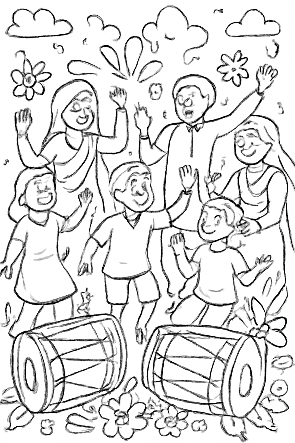 Free printable Holi festival scene with drums flowers and dancing families coloring page