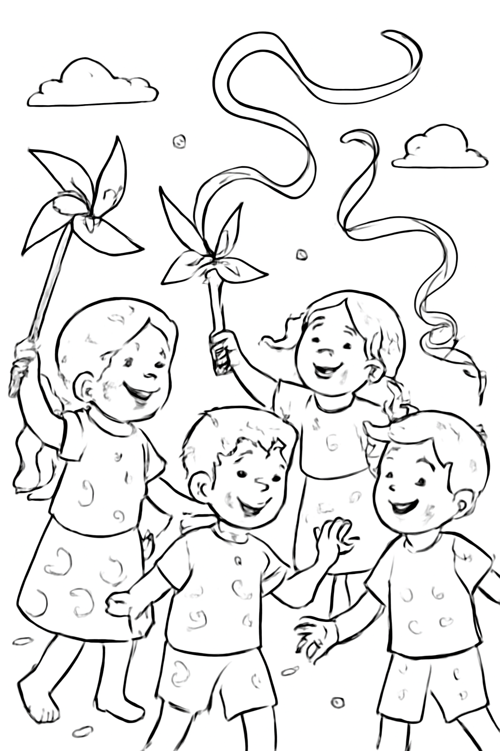 Free printable children with pinwheels and streamers at Holi coloring page for kids