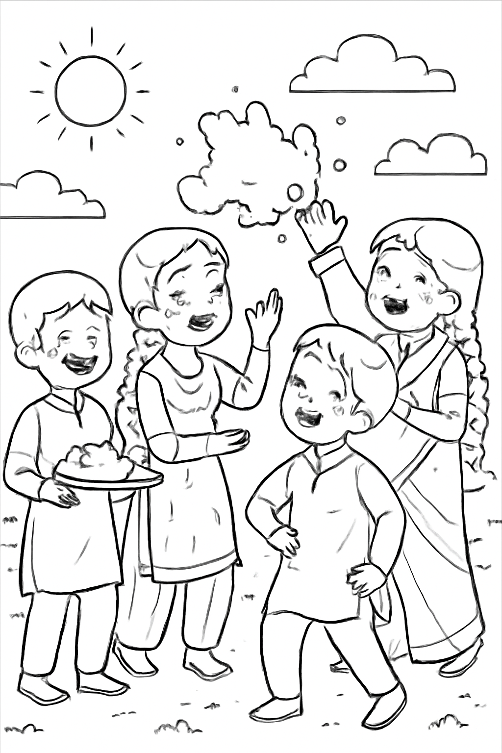Free printable friends celebrating Holi outdoors in original traditional clothing coloring page