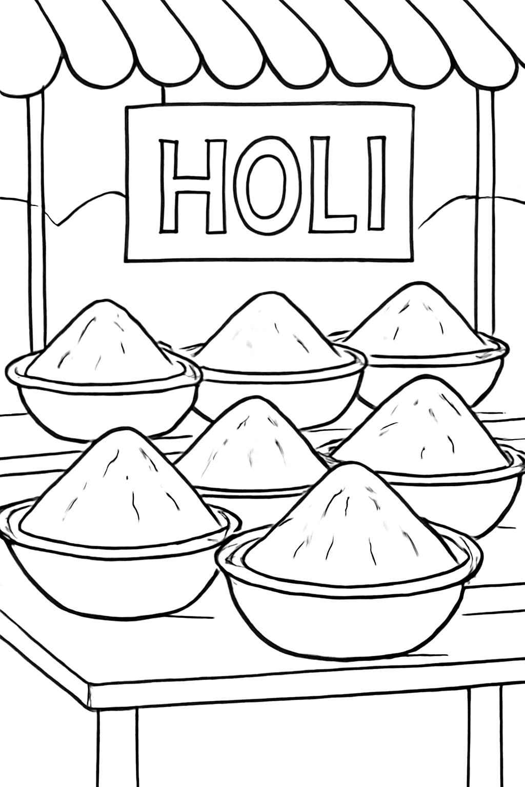 Free printable Holi color powder piles in market bowls coloring page for kids