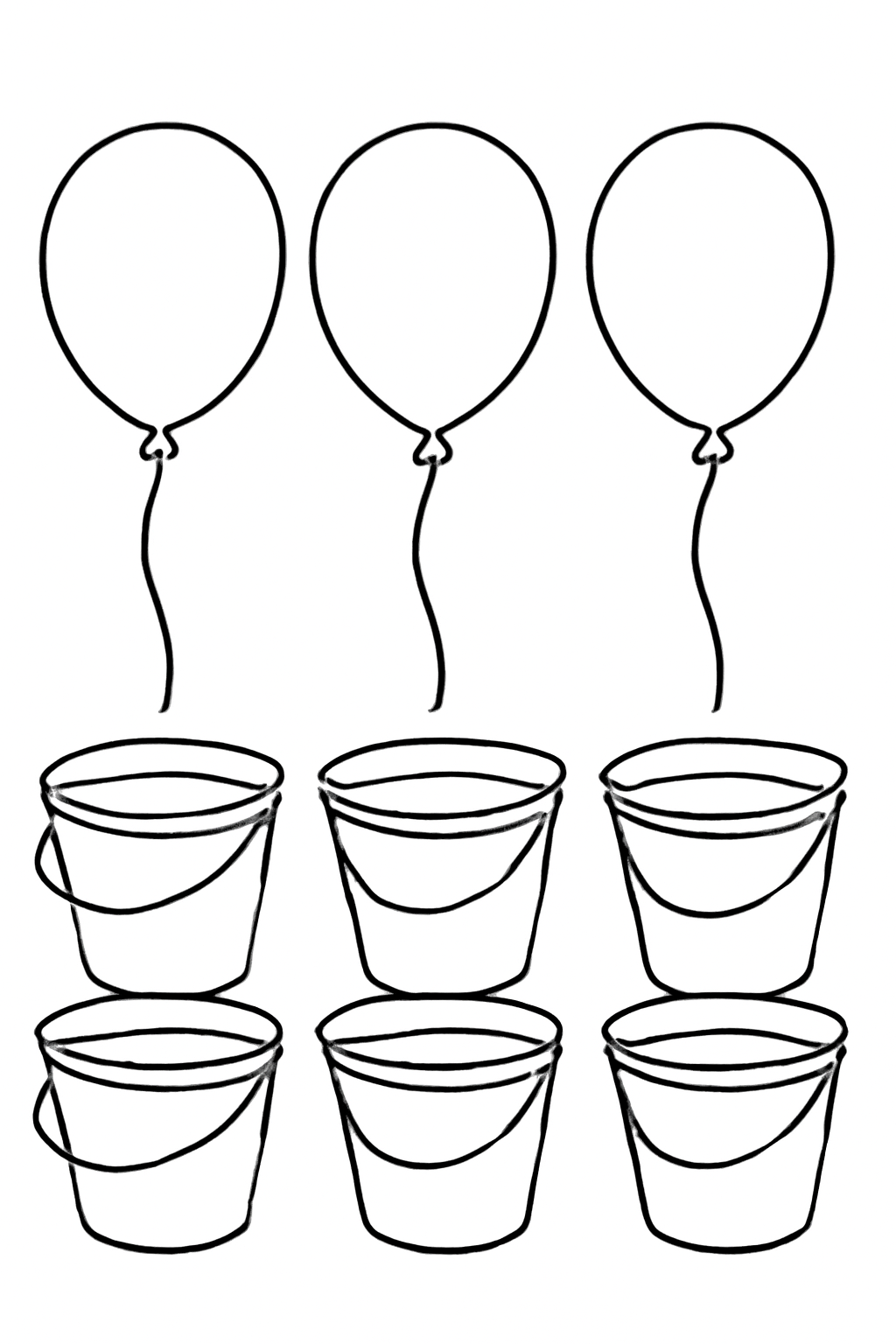 Free printable buckets and balloons lined up for Holi games coloring page for kids