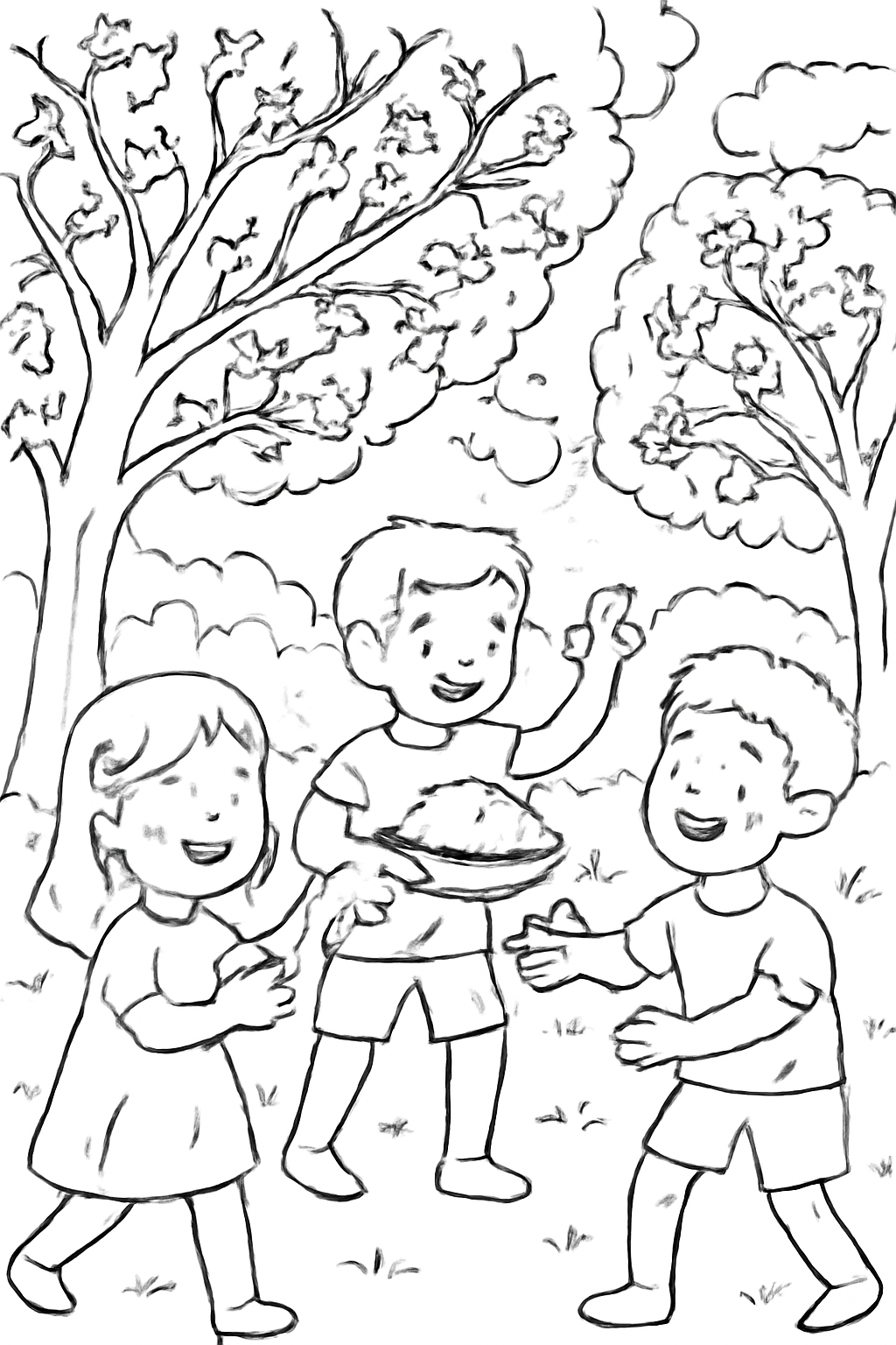 Free printable spring trees blossoming over a Holi celebration coloring page for kids