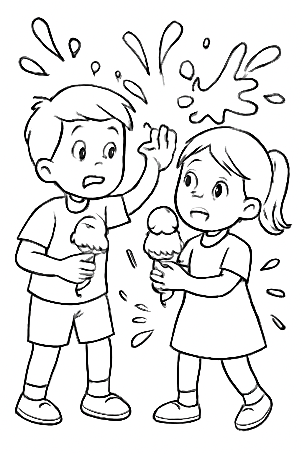 Free printable kids protecting their ice cream from Holi splashes coloring page for kids