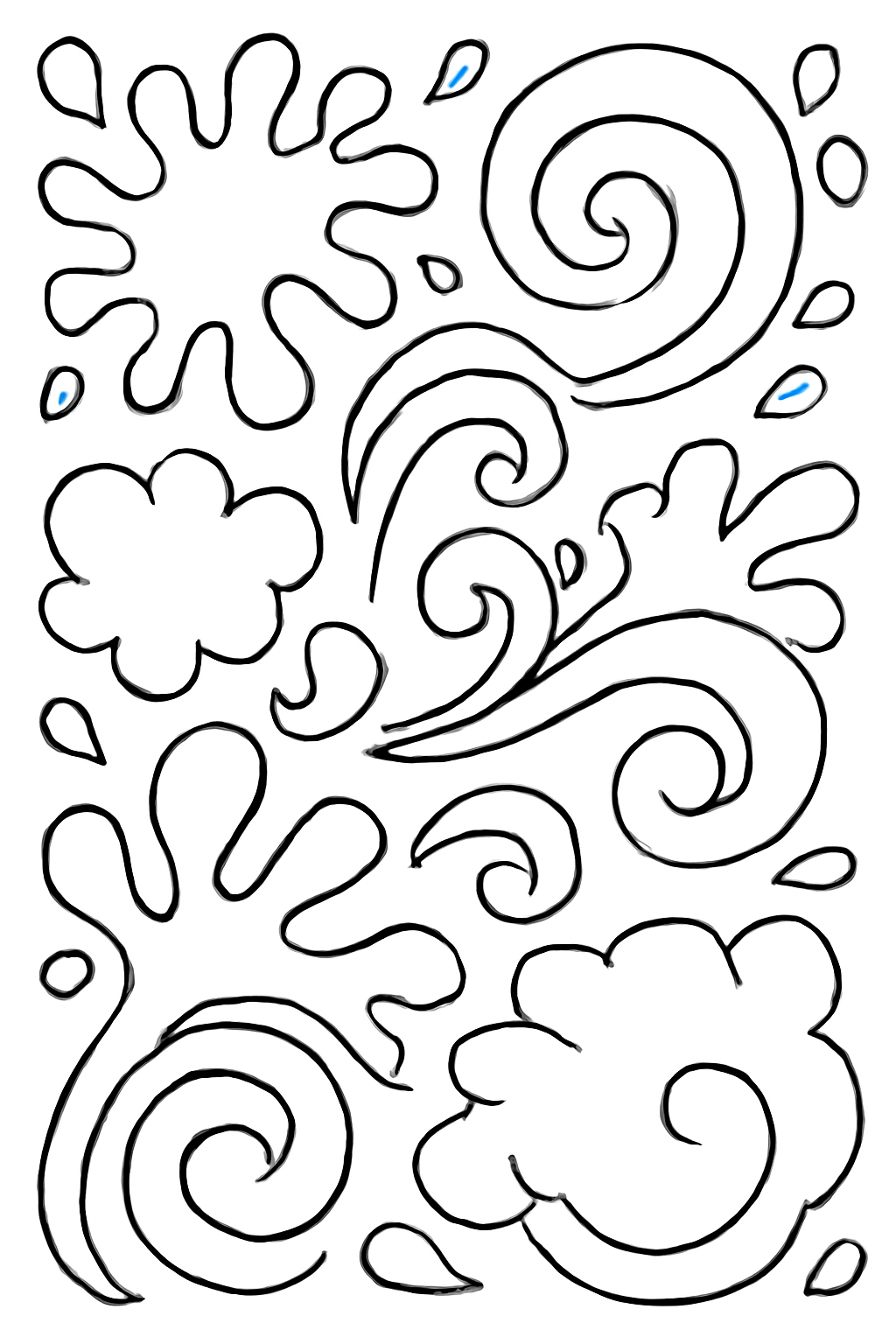 Free printable splash clouds and swirls pattern for Holi coloring page for kids